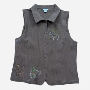 Christopher & Banks Embroidered Safari Vest Brown Giraffe Elephant Size Large